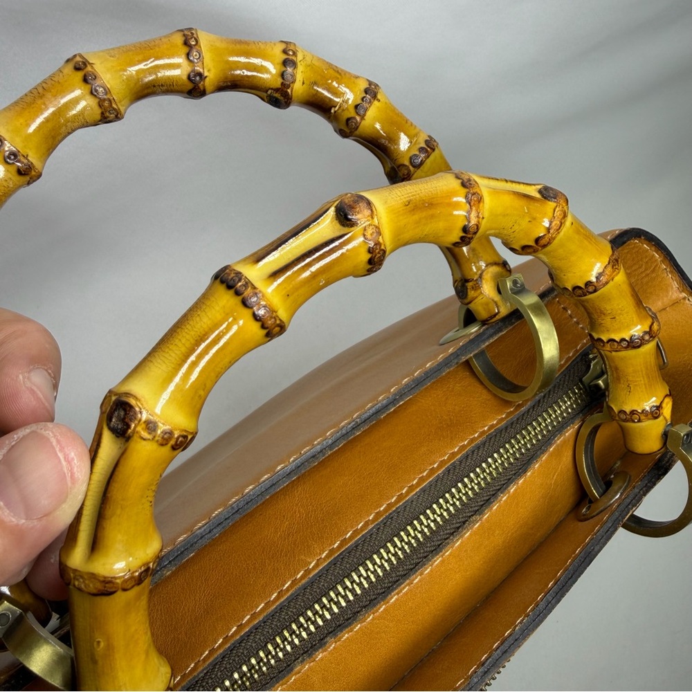 Patricia Nash Leather Satchel Bamboo Top Double Handles Firm Cognac Brown SEE - Picture 16 of 16